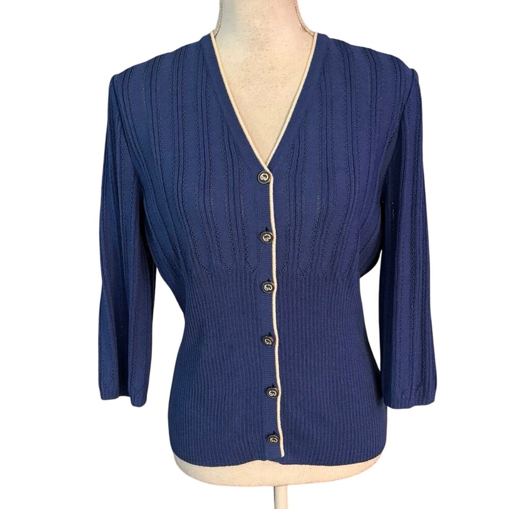 St John Collection Size 6 Cardigan Sweater Santana Knit Unique Buttons Blue